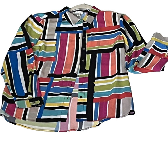 Spence Women’s Size M Blouse Shirt Artsy Geometric Multicolored Hi Lo Workwear - Picture 1 of 5
